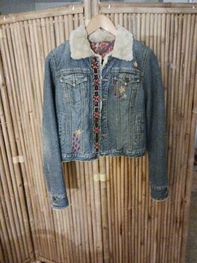 Free People Embroidered Denim Jacket with Faux Shearling Collar